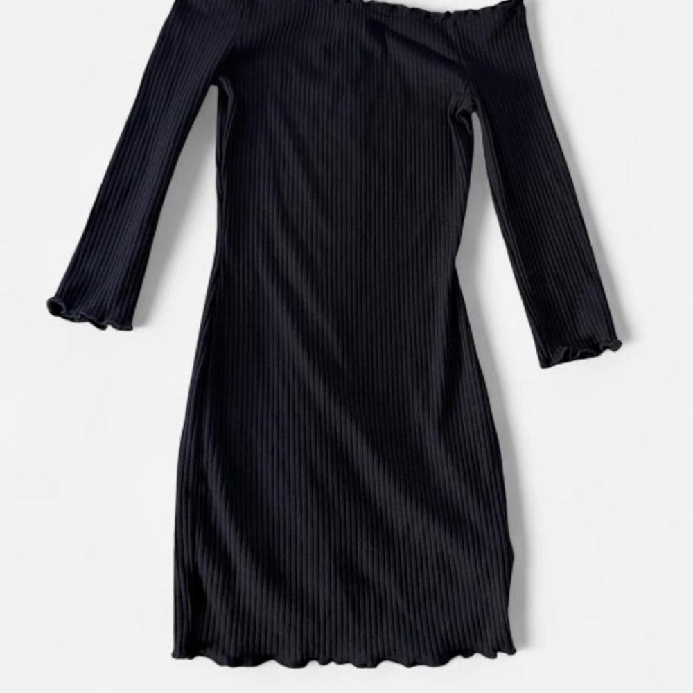 Black Ribbed Bodycon Dress 3/4 In Sleeve Off The Shoulder Women’s Medium